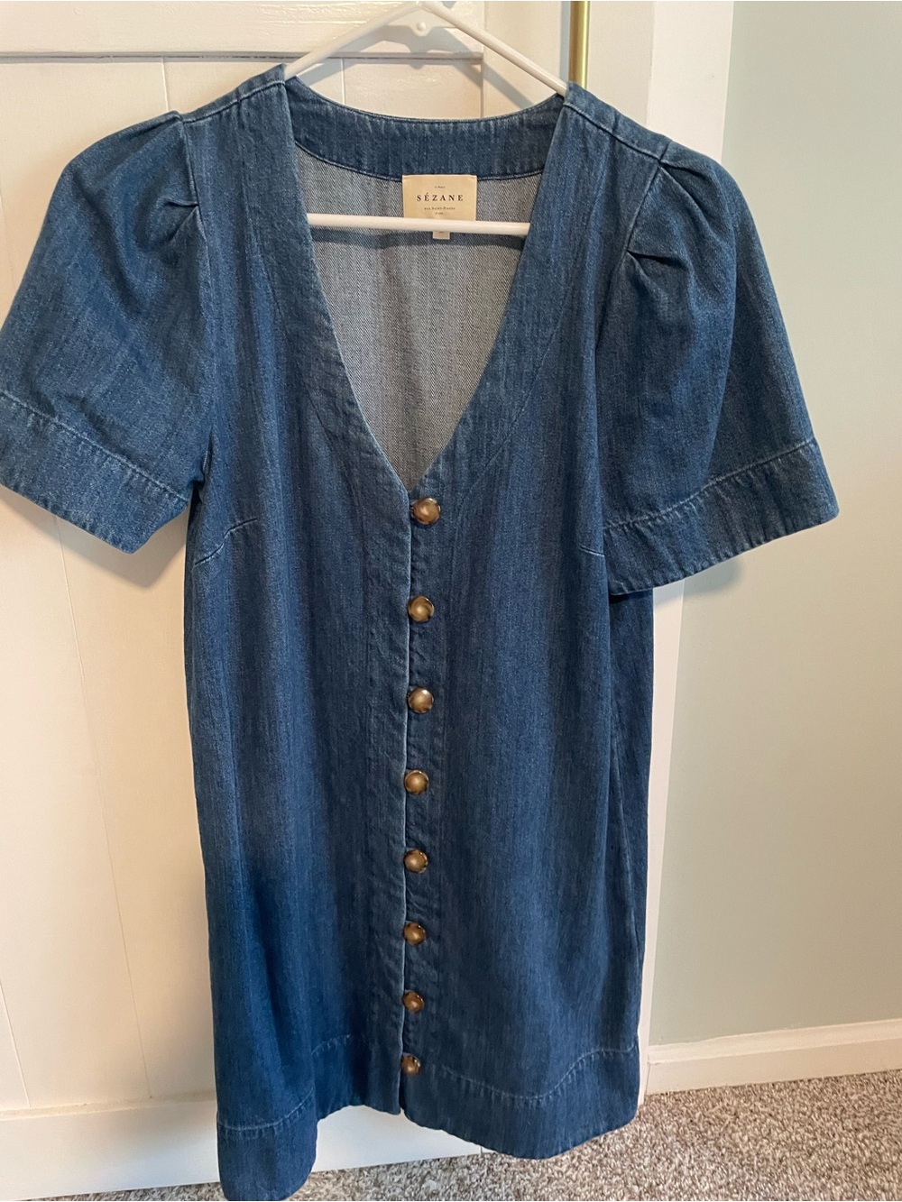 Sezane Blue Denim V-Neck Midi Dress